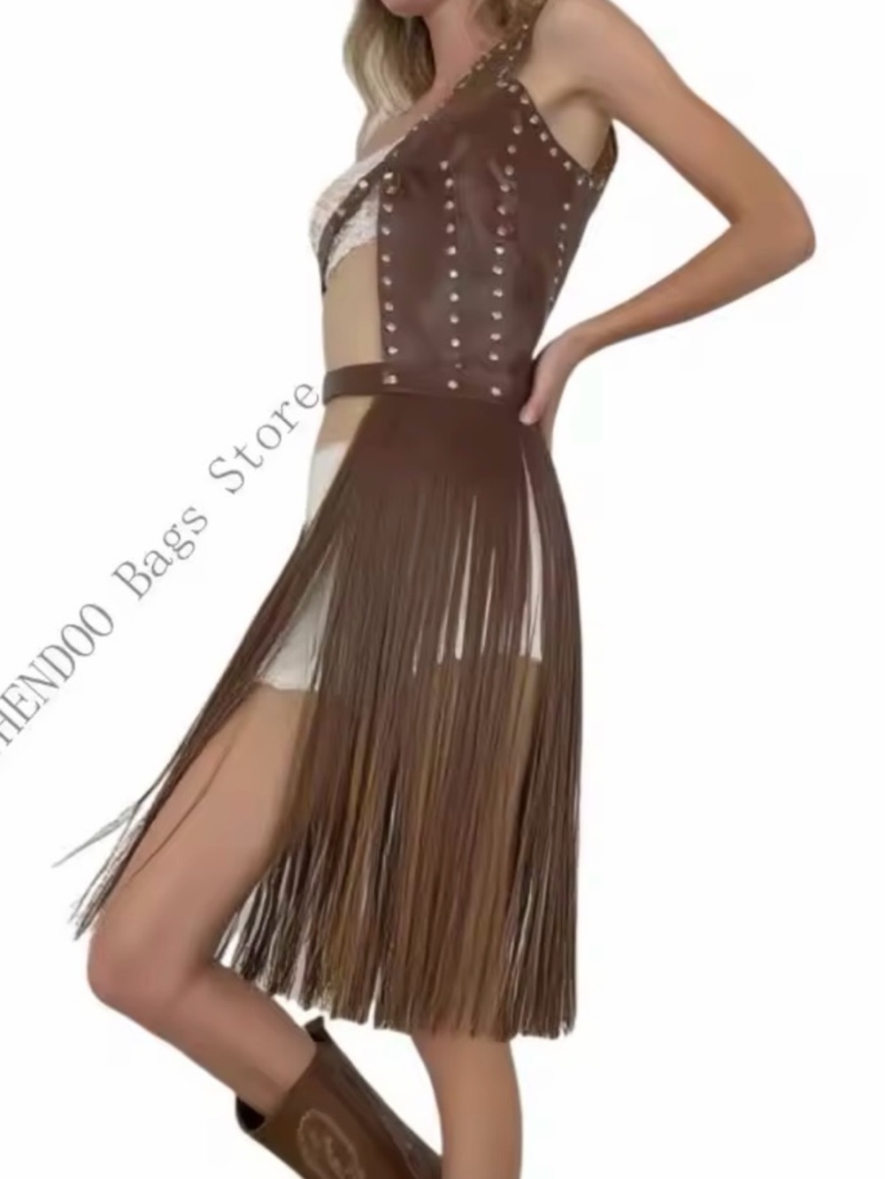 Brown Fringe Waist Belt Skirt Stud Detail